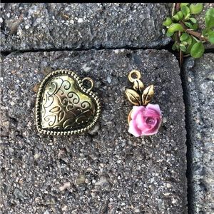 Vintage. Two Gold Metal Pendants, Heart and Pink Rose